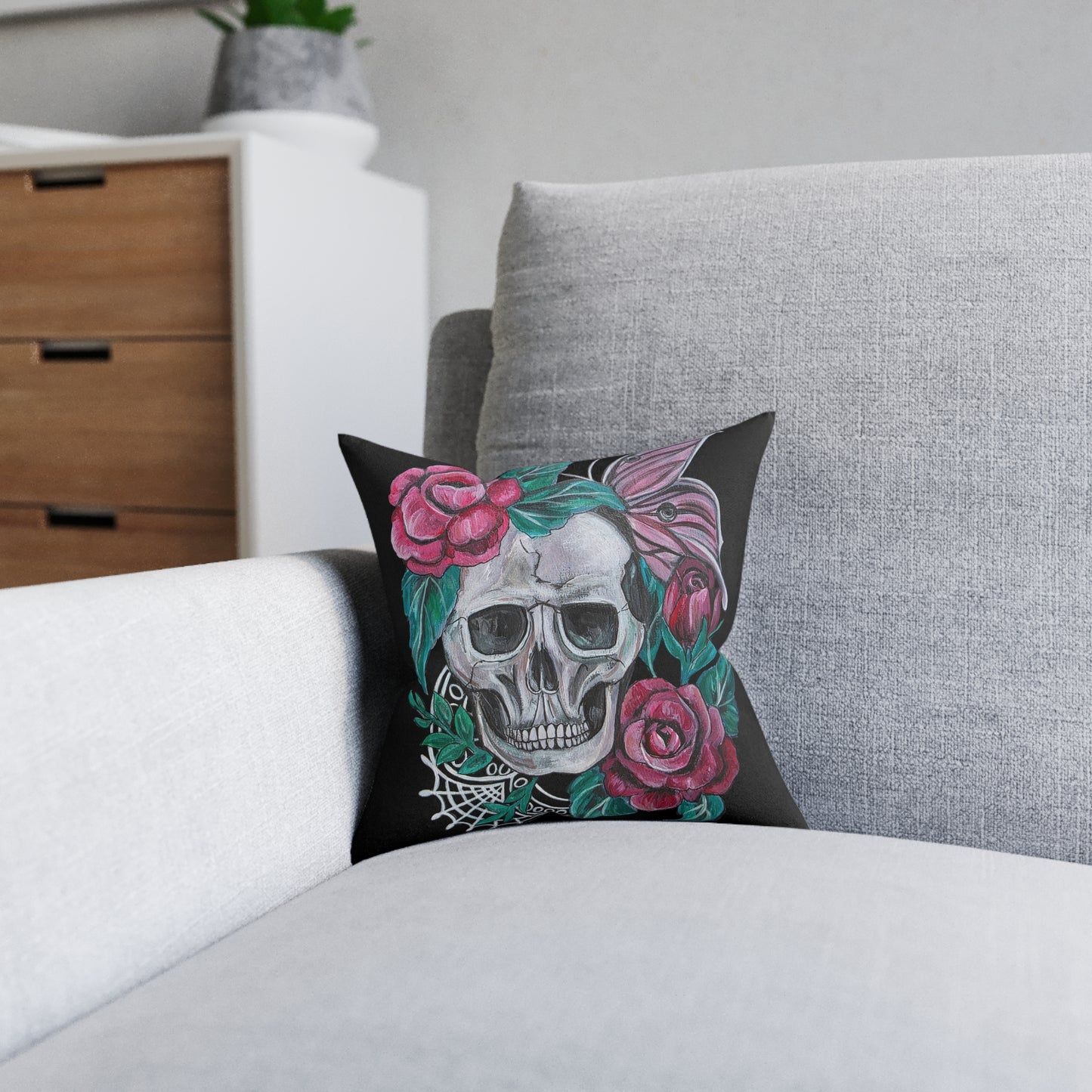 Skull with Roses Square Pillow | Floral Skull Decorative Throw Pillow