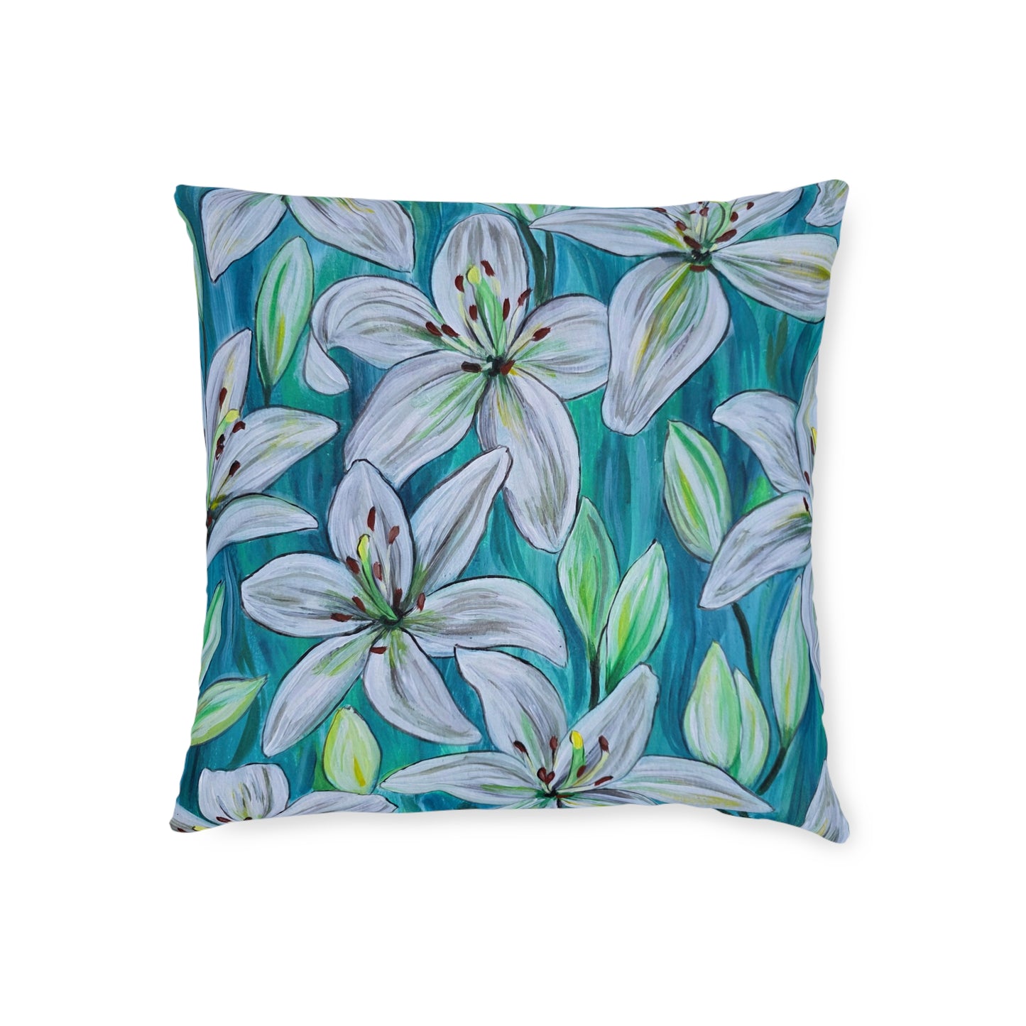 White Lily Floral Square Pillow | Blue Botanical Throw Pillow