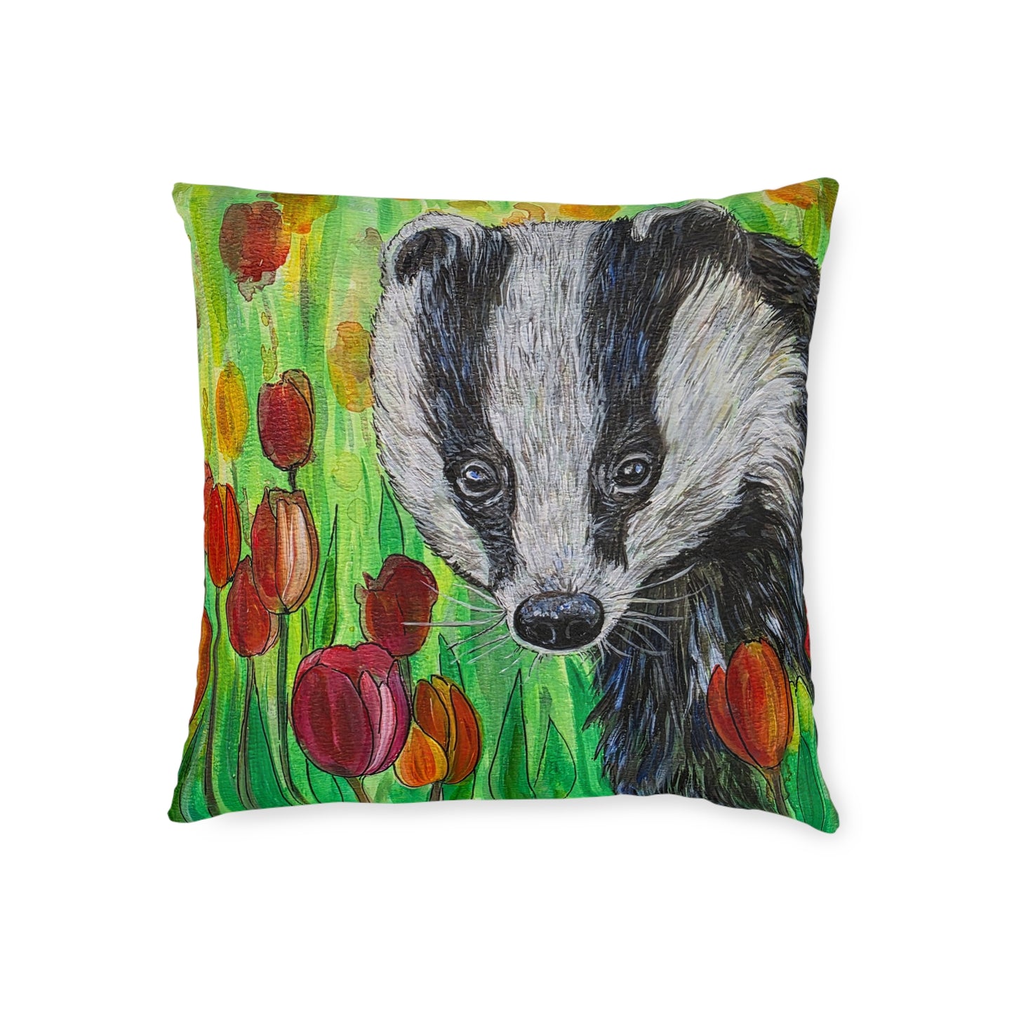 Badger Illustration Square Pillow | Floral Tulips Nature Animal Accent