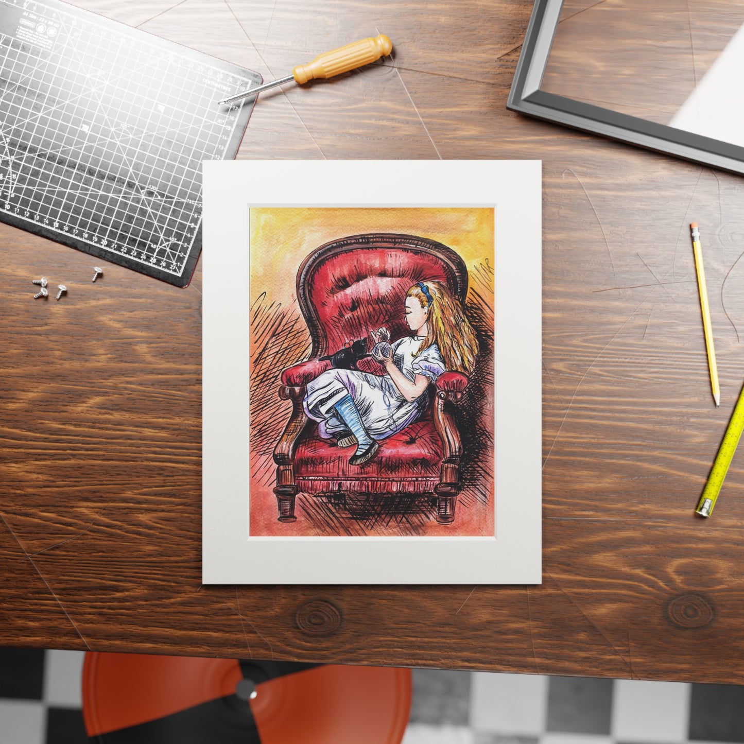 Alice in Wonderland | Alice & Dino Red Armchair Fine Art Print | Passepartout Frame Matte Paper