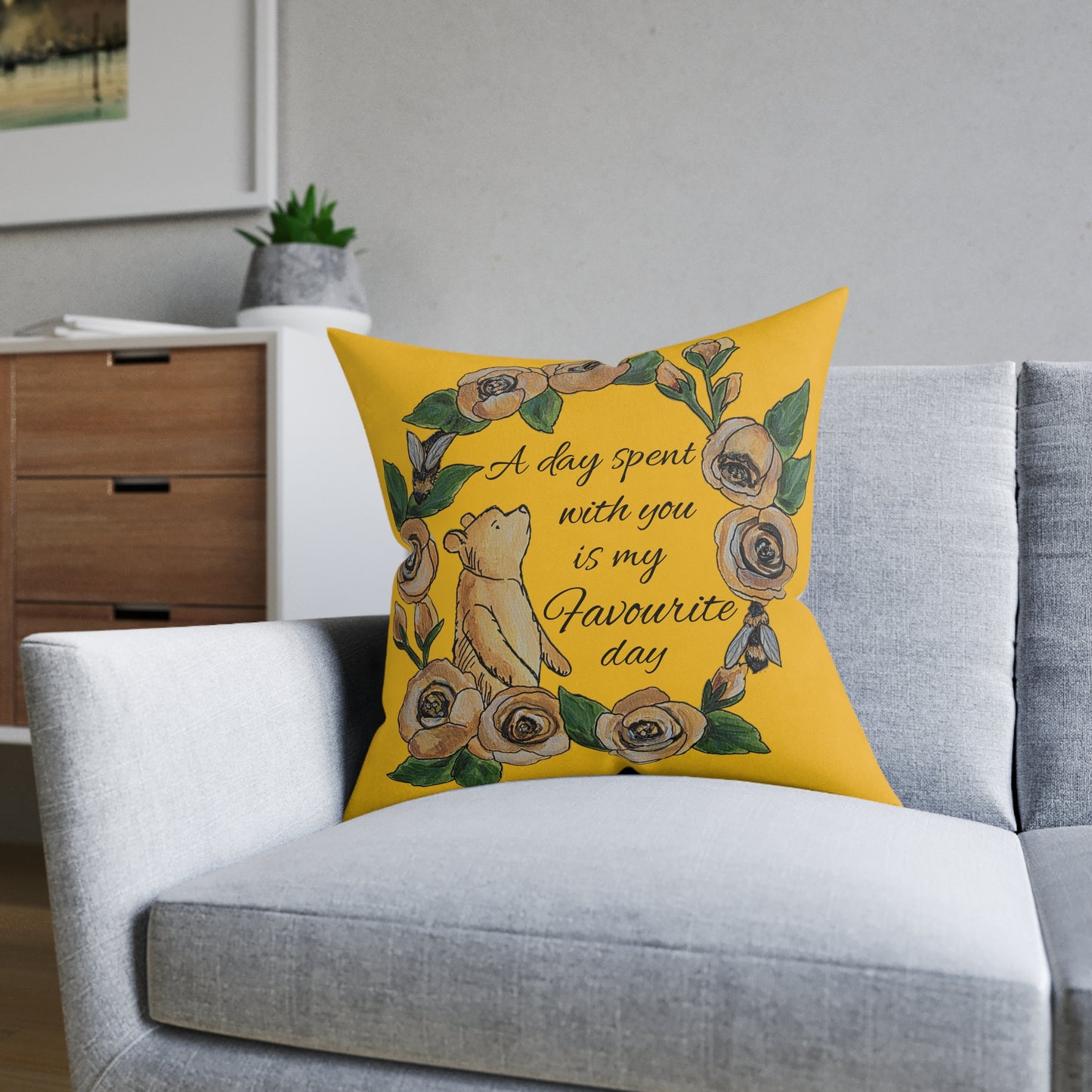 A day spent with you is my favourite day | Winnie the Pooh Square Pillow | Floral Wreath, Yellow Decorative Cushion