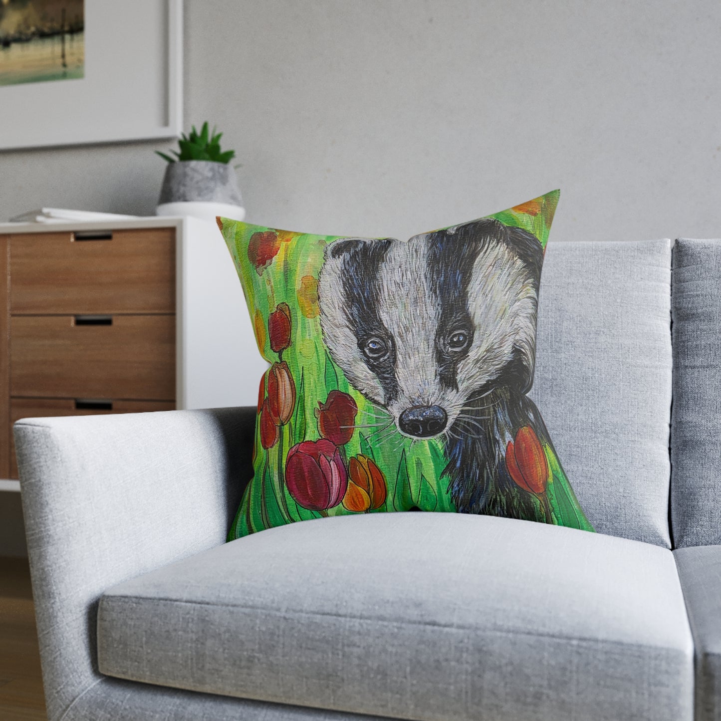Badger Illustration Square Pillow | Floral Tulips Nature Animal Accent