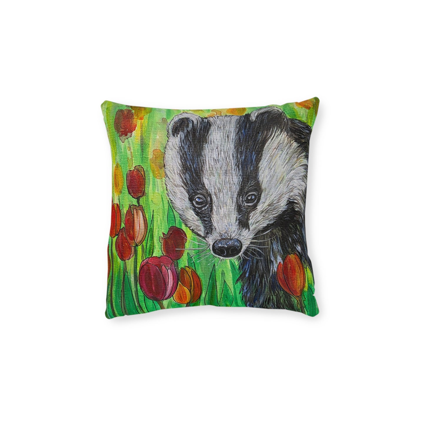 Badger Illustration Square Pillow | Floral Tulips Nature Animal Accent