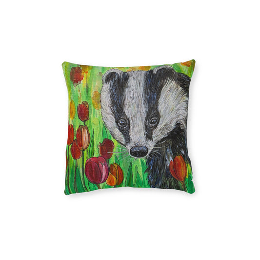 Badger Illustration Square Pillow | Floral Tulips Nature Animal Accent