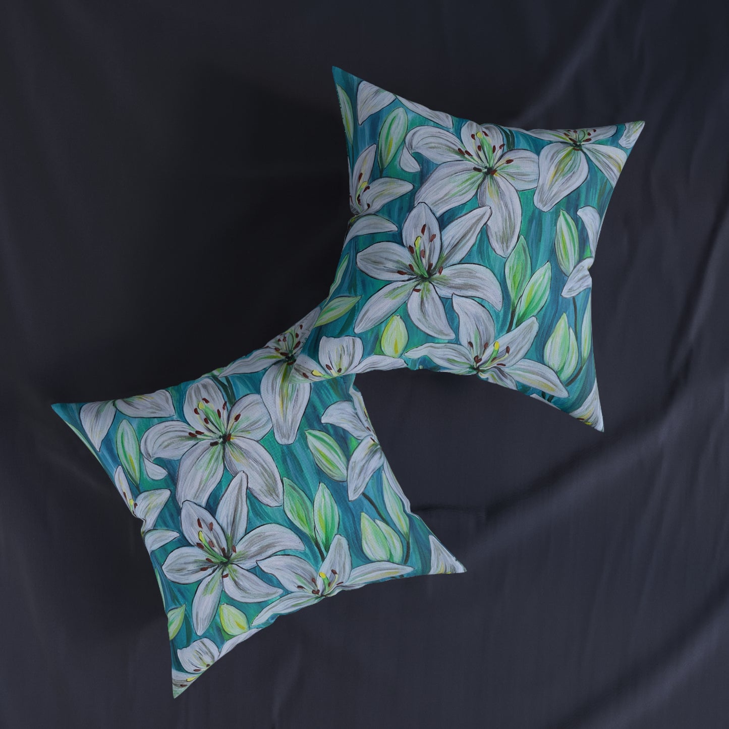 White Lily Floral Square Pillow | Blue Botanical Throw Pillow