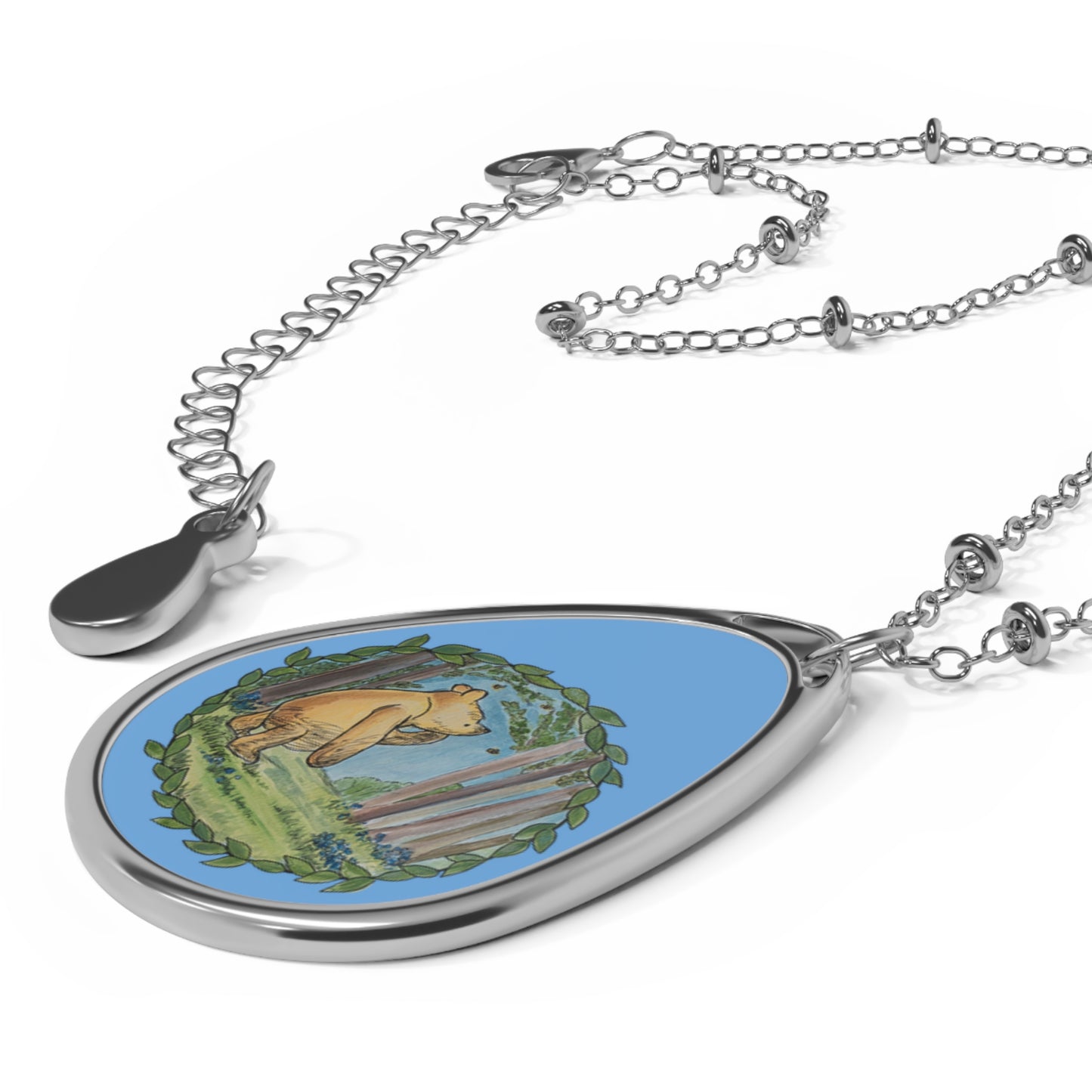 Winnie the Pooh Woodland Scene Oval Necklace | Forest Pendant, Modern Blue Background