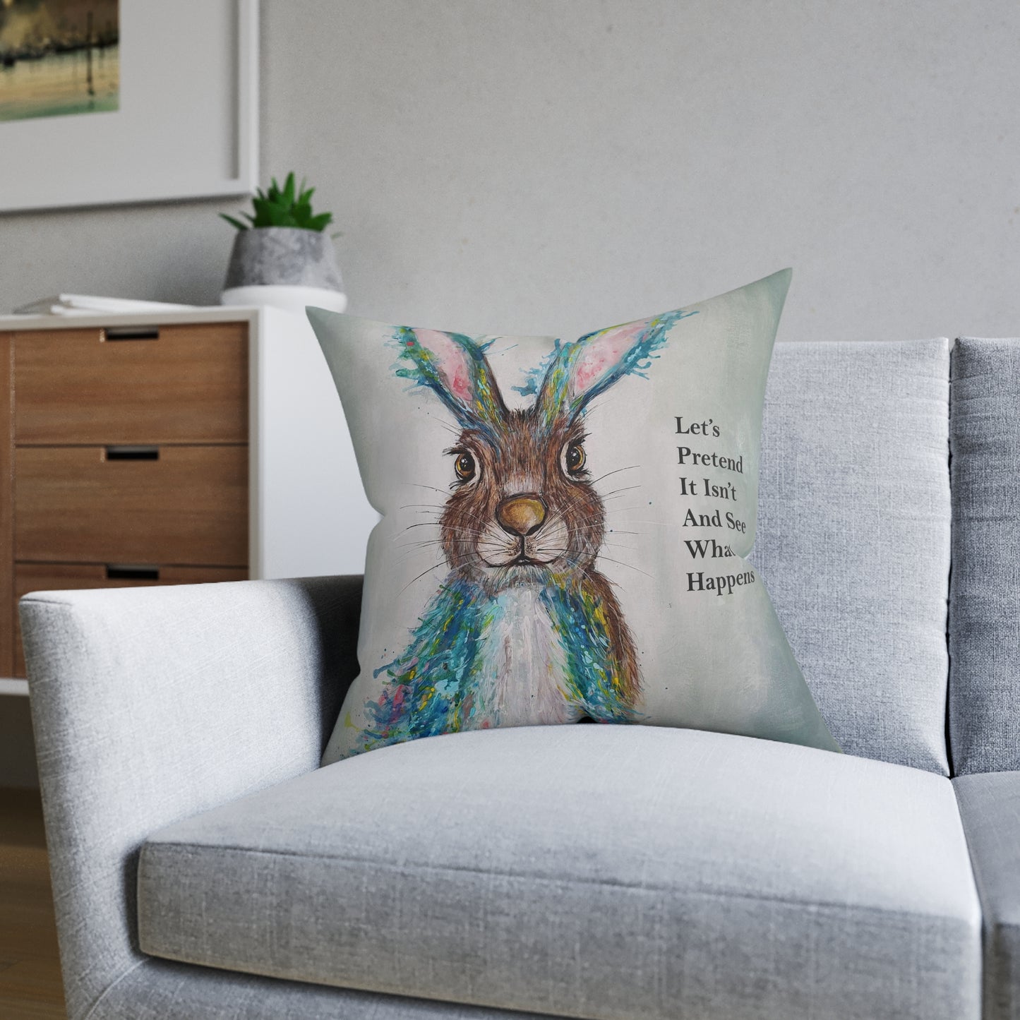 Whimsical Hare Illustration Square Pillow | 'Let's Pretend It Isn't And See What Happens'