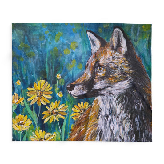 Fox and Wildflowers Blanket | Fleece Throw, Fox Art Throw Blanket