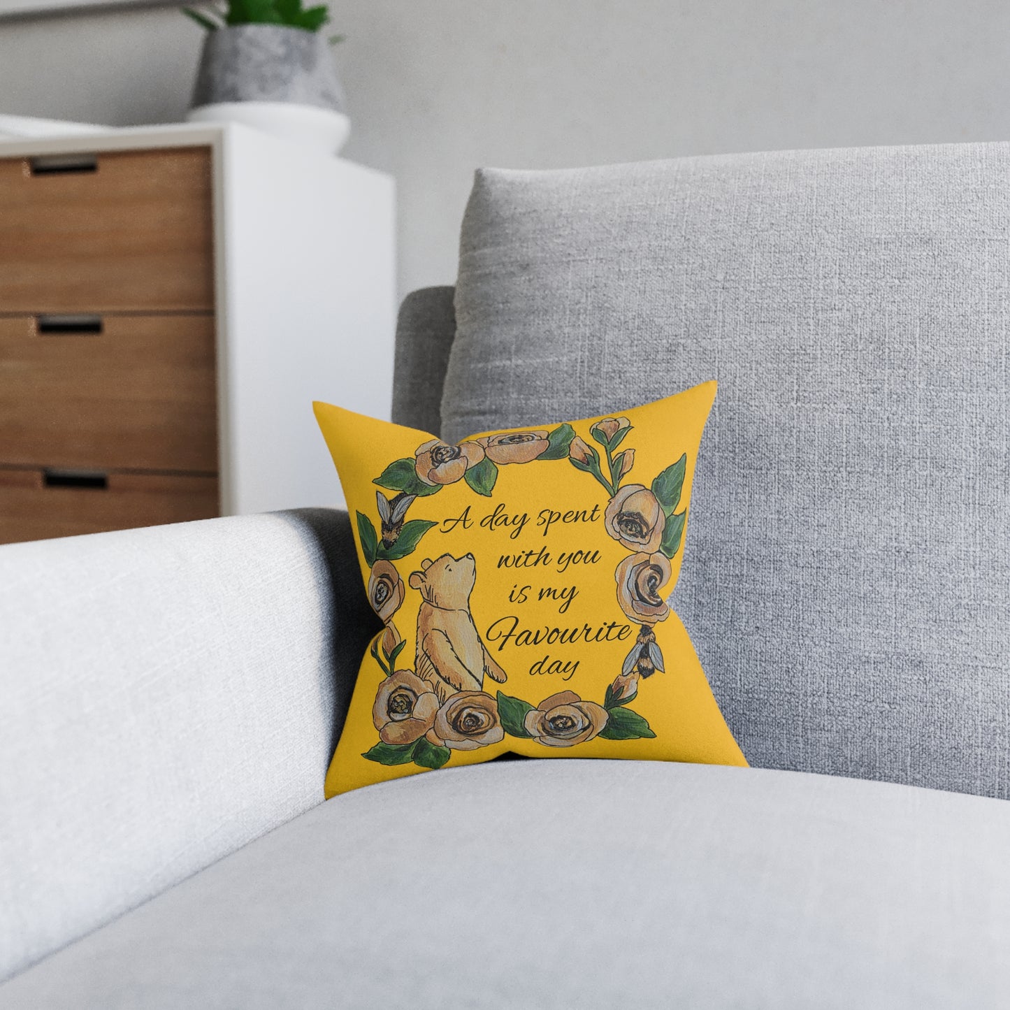 A day spent with you is my favourite day | Winnie the Pooh Square Pillow | Floral Wreath, Yellow Decorative Cushion