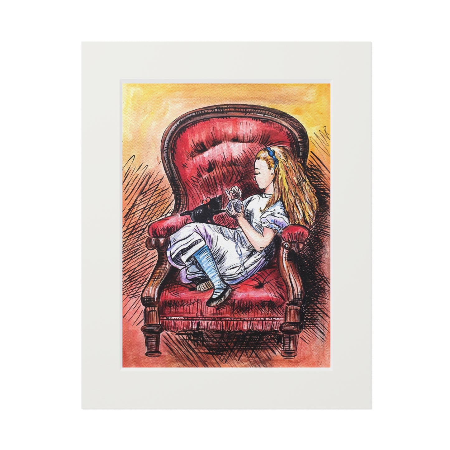 Alice in Wonderland | Alice & Dino Red Armchair Fine Art Print | Passepartout Frame Matte Paper