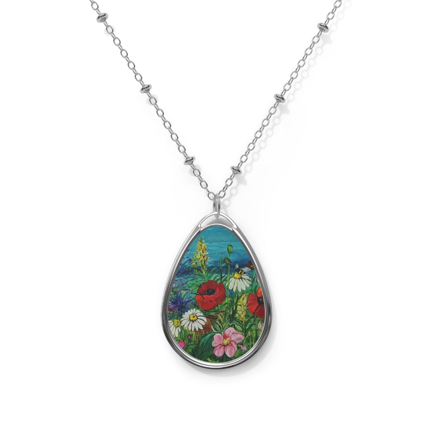 Wildflower Meadow Oval Necklace | Teardrop Pendant with Floral Art