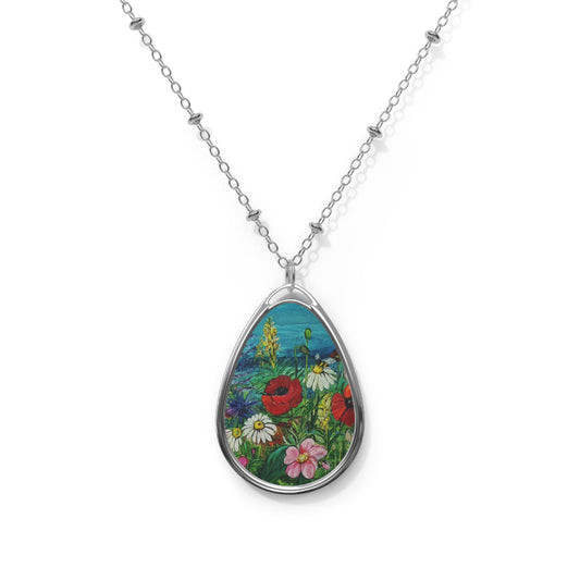 Wildflower Meadow Oval Necklace | Teardrop Pendant with Floral Art