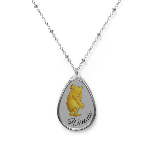 Winnie the Pooh Bear Illustration Oval Necklace | Silver Teardrop Pendant