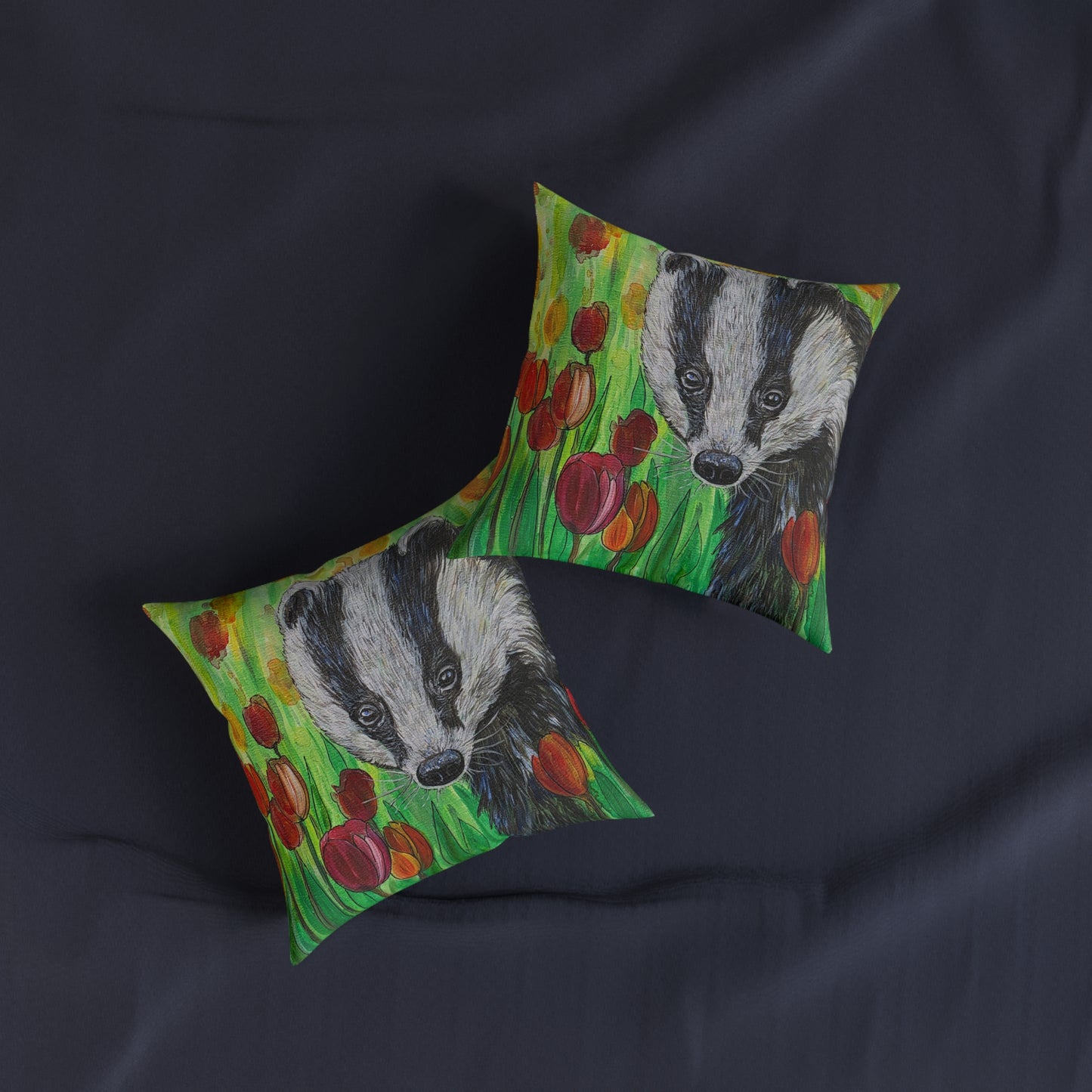 Badger Illustration Square Pillow | Floral Tulips Nature Animal Accent