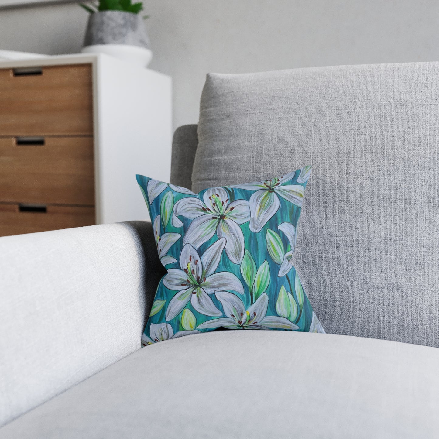 White Lily Floral Square Pillow | Blue Botanical Throw Pillow