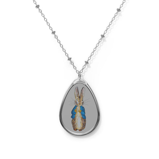 Peter Rabbit Illustration Oval Necklace | Silver Teardrop Pendant