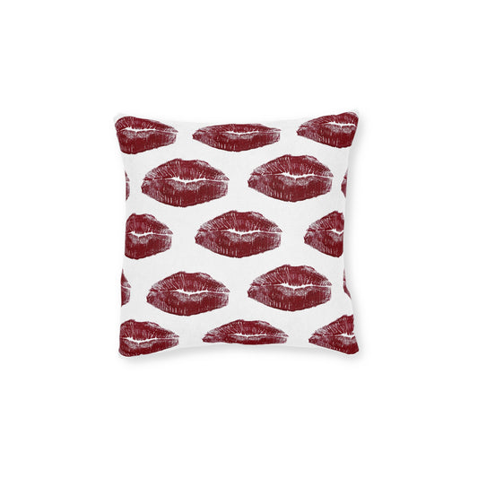 Burgundy Lipstick Kiss Pattern Square Pillow | Romantic Lip Print Decor