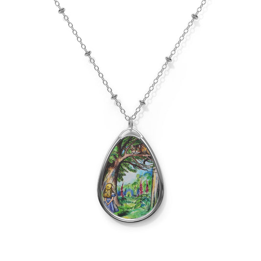 Alice in Wonderland & Cheshire Cat - Oval Necklace | Teardrop Pendant with Enchanted Scene