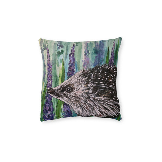 Hedgehog Illustration Square Pillow | Watercolor Flowers, Botanical Accent Pillow