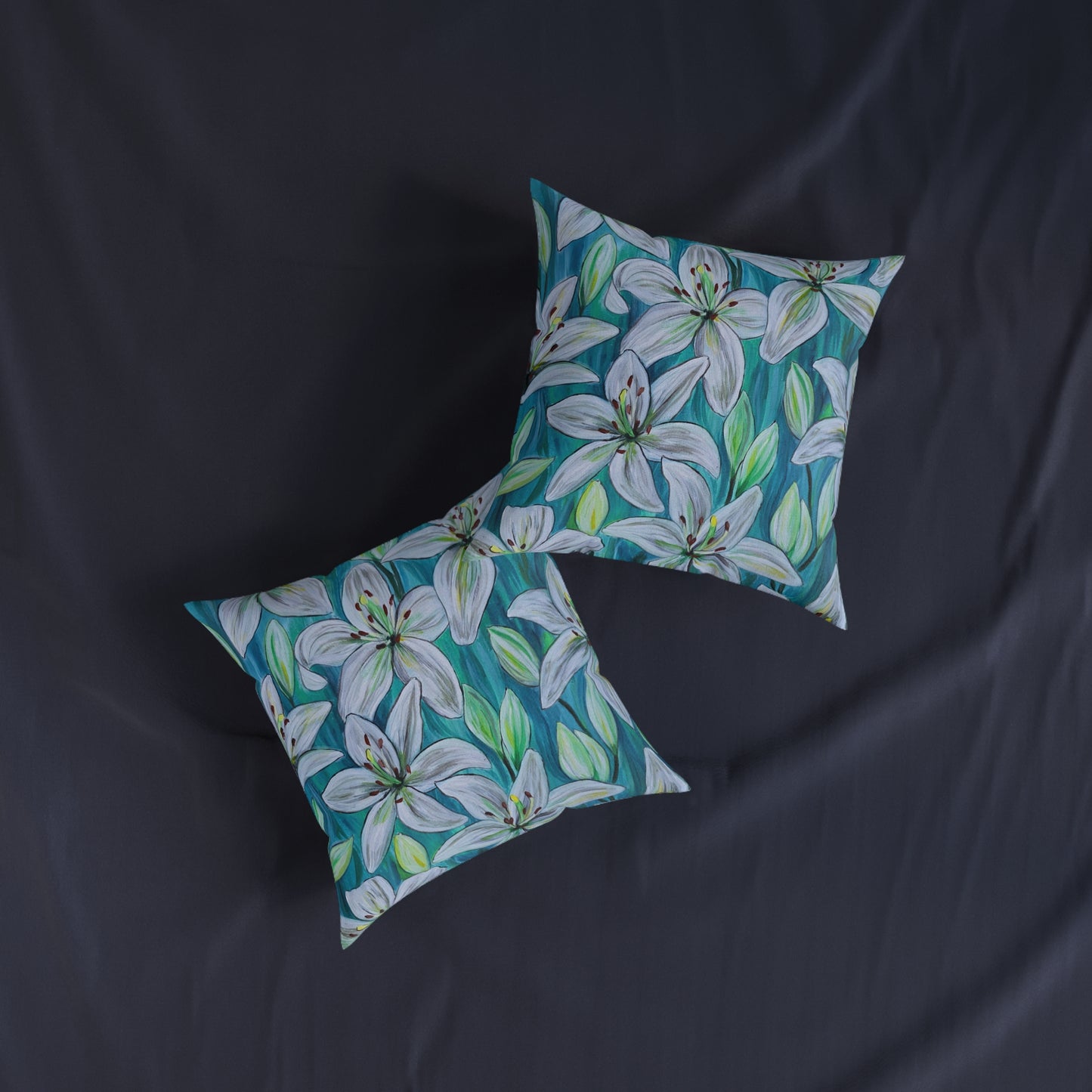 White Lily Floral Square Pillow | Blue Botanical Throw Pillow