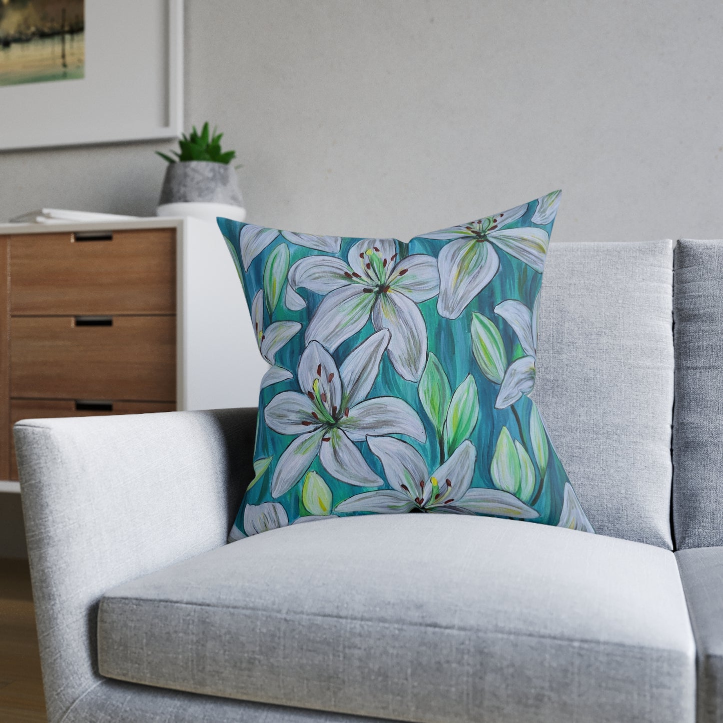 White Lily Floral Square Pillow | Blue Botanical Throw Pillow