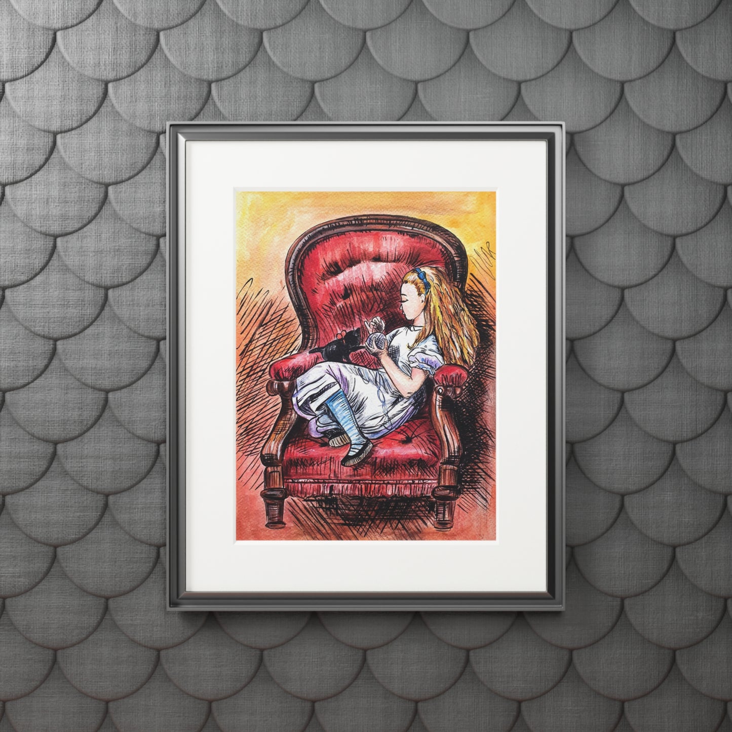 Alice in Wonderland | Alice & Dino Red Armchair Fine Art Print | Passepartout Frame Matte Paper