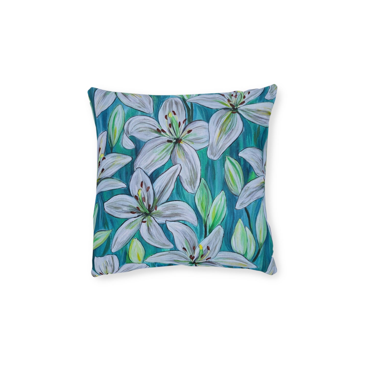White Lily Floral Square Pillow | Blue Botanical Throw Pillow