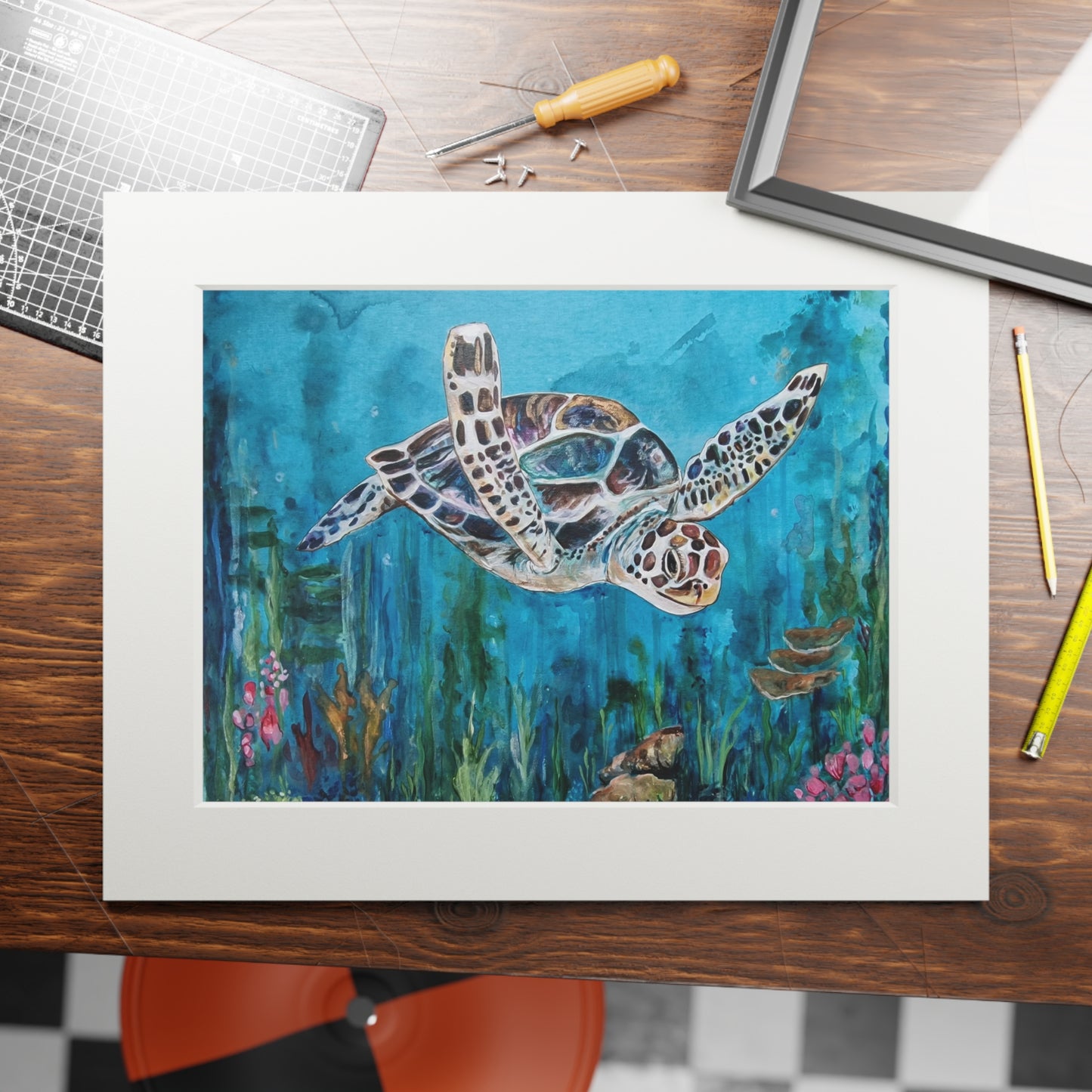 Sea Turtle Illustration Fine Art Print | Passepartout Paper Frame