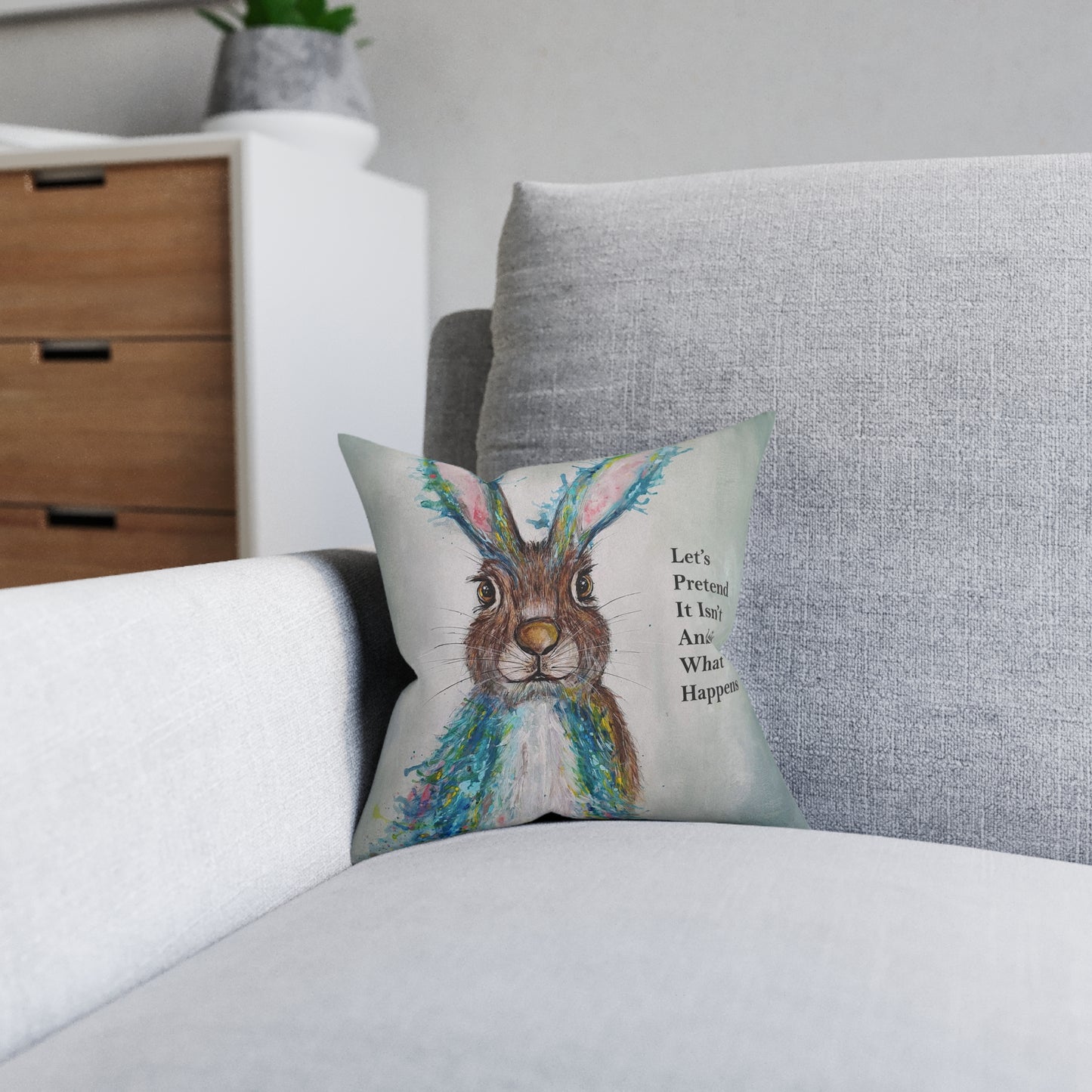 Whimsical Hare Illustration Square Pillow | 'Let's Pretend It Isn't And See What Happens'