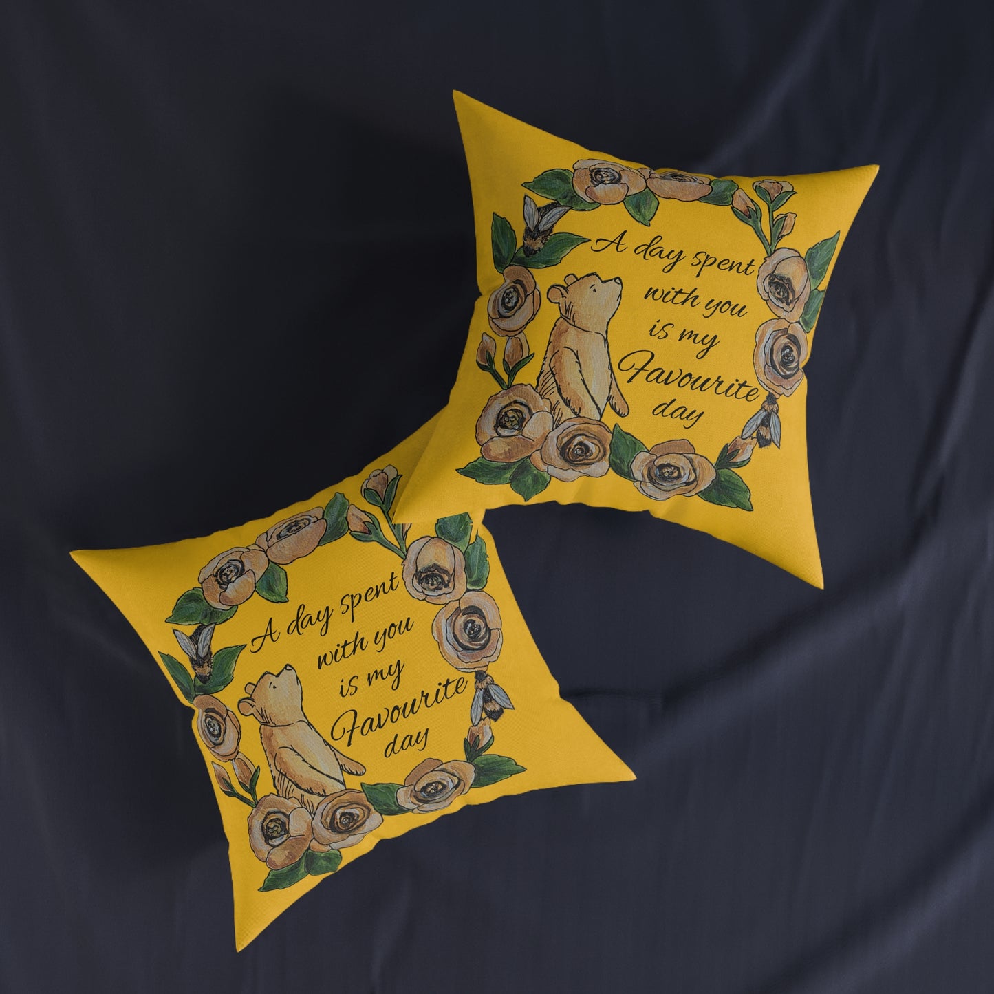 A day spent with you is my favourite day | Winnie the Pooh Square Pillow | Floral Wreath, Yellow Decorative Cushion
