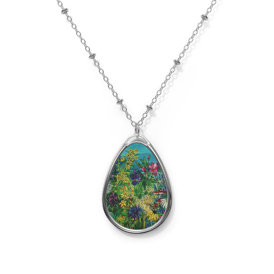 Wildflower Painting Necklace | Oval Pendant, Floral Art Jewelry