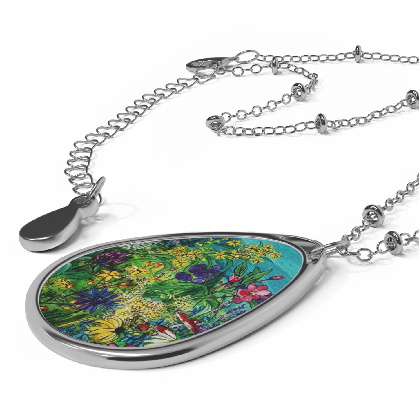 Wildflower Painting Necklace | Oval Pendant, Floral Art Jewelry