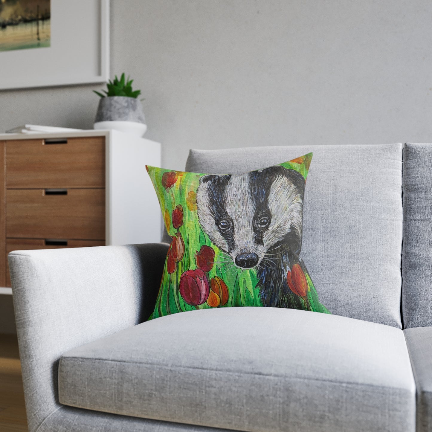 Badger Illustration Square Pillow | Floral Tulips Nature Animal Accent