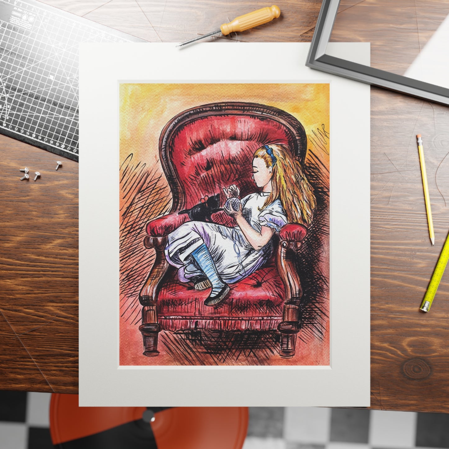 Alice in Wonderland | Alice & Dino Red Armchair Fine Art Print | Passepartout Frame Matte Paper
