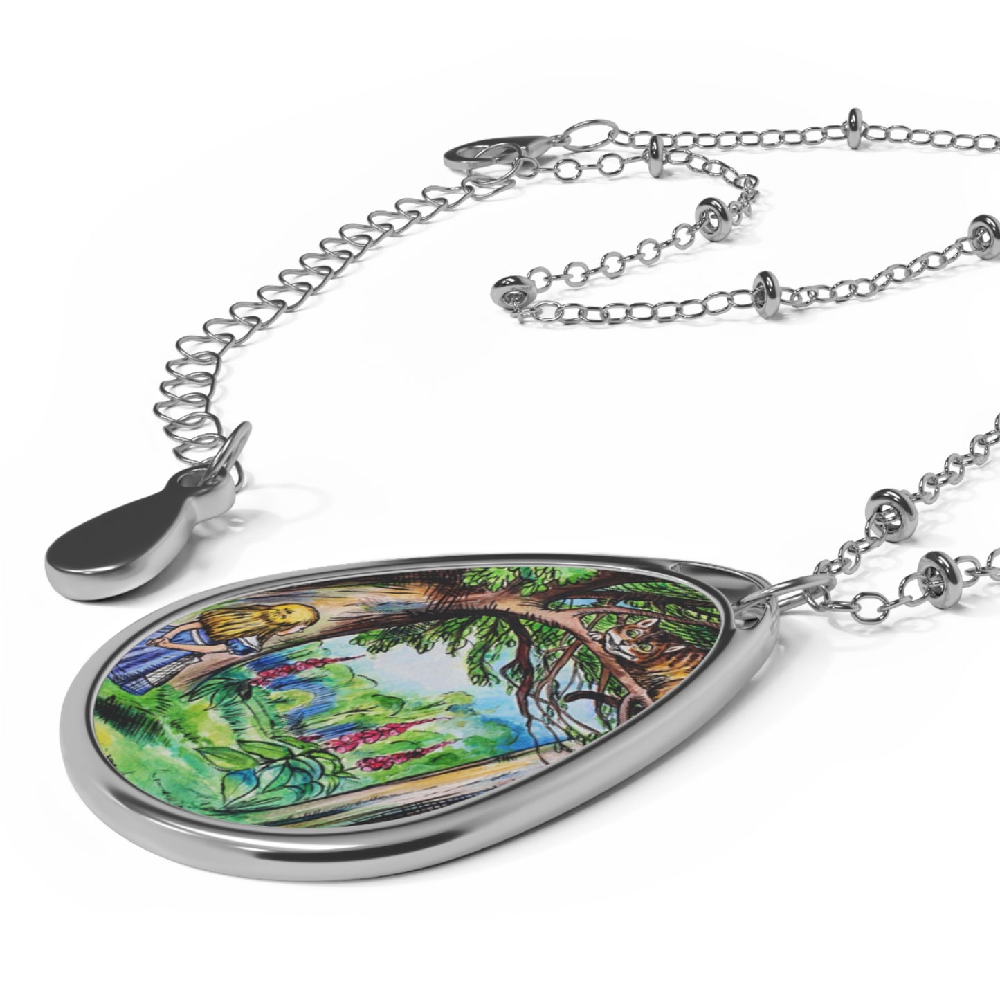 Alice in Wonderland & Cheshire Cat - Oval Necklace | Teardrop Pendant with Enchanted Scene