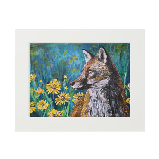 Fox Portrait with Yellow Flowers Fine Art Print | Passepartout Frame