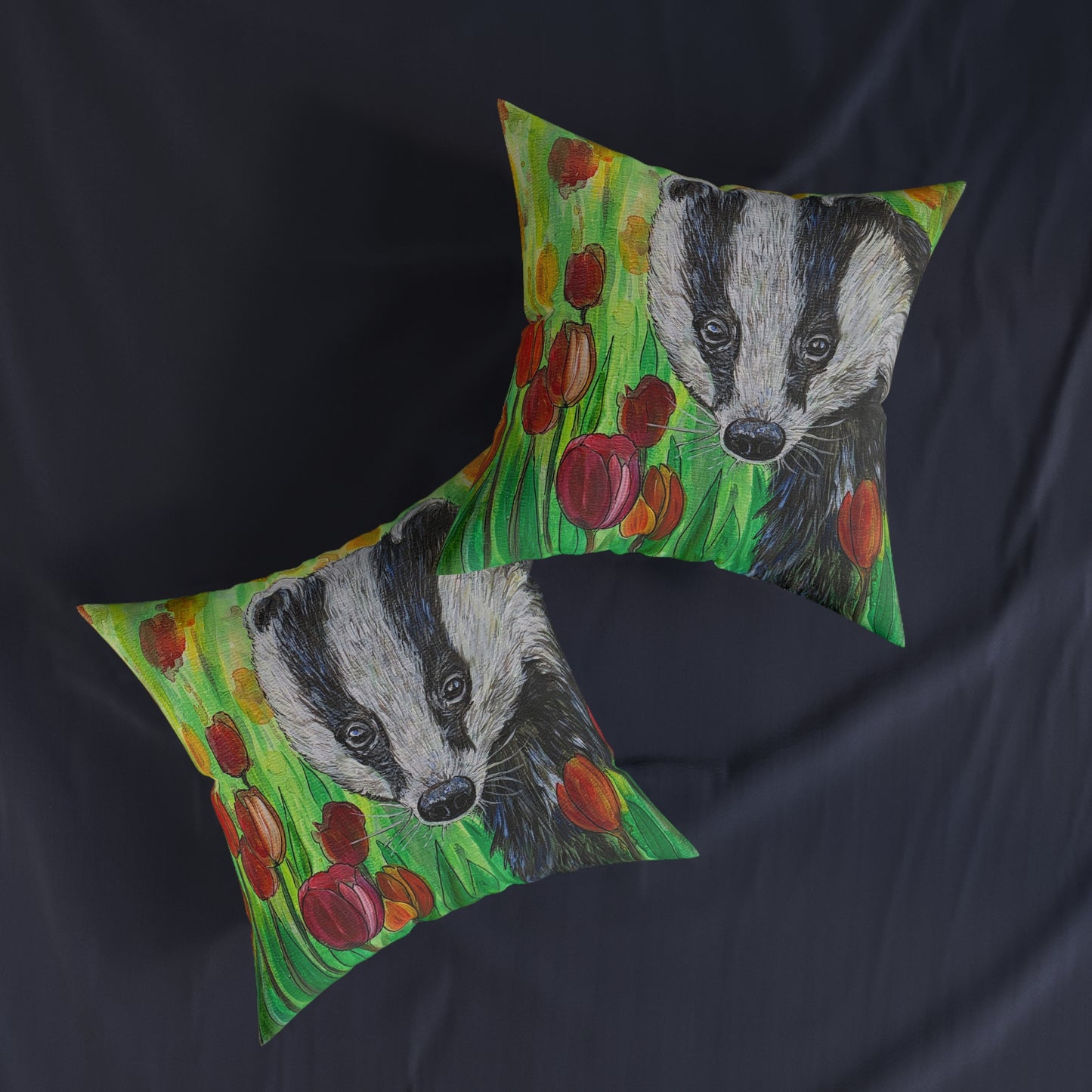 Badger Illustration Square Pillow | Floral Tulips Nature Animal Accent