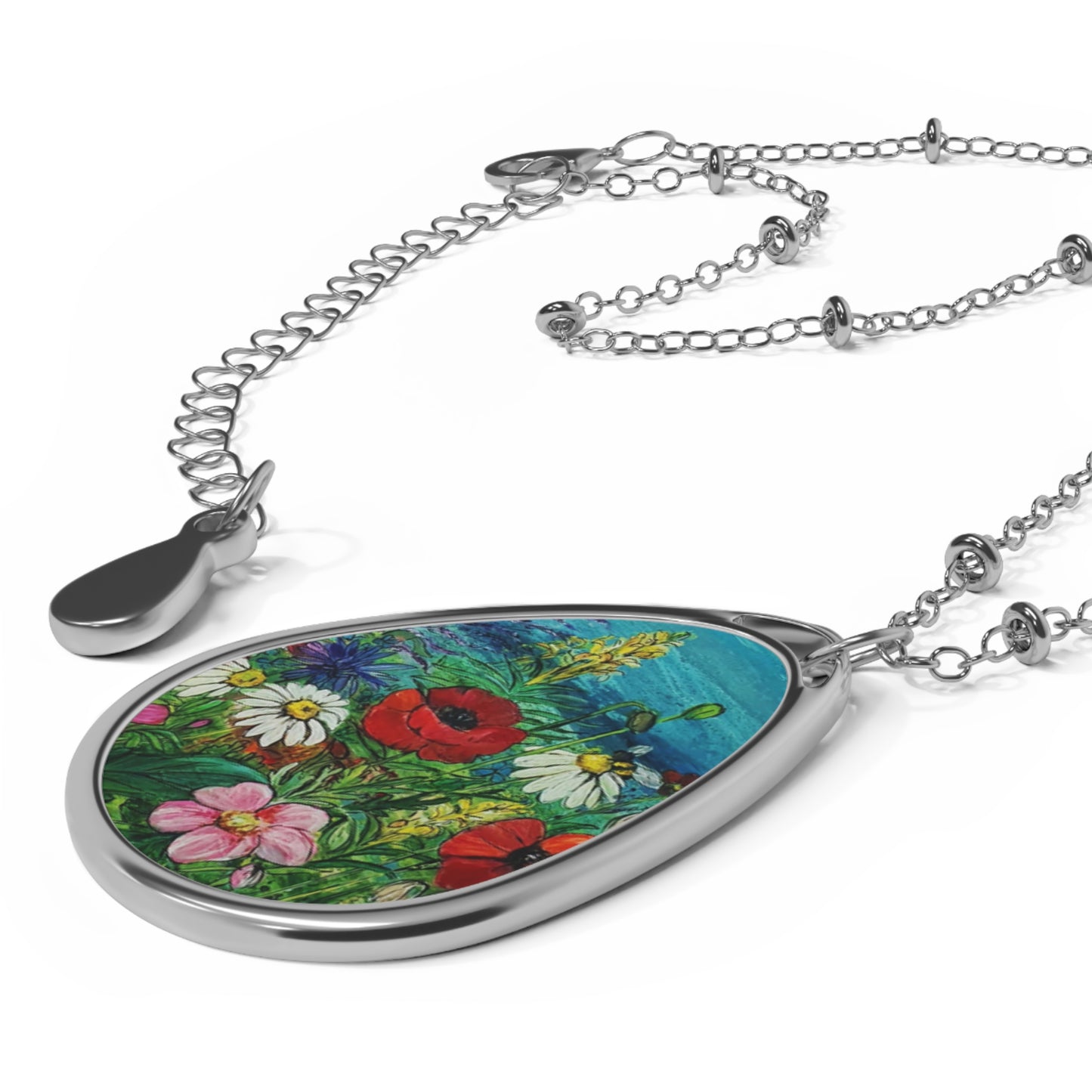 Wildflower Meadow Oval Necklace | Teardrop Pendant with Floral Art