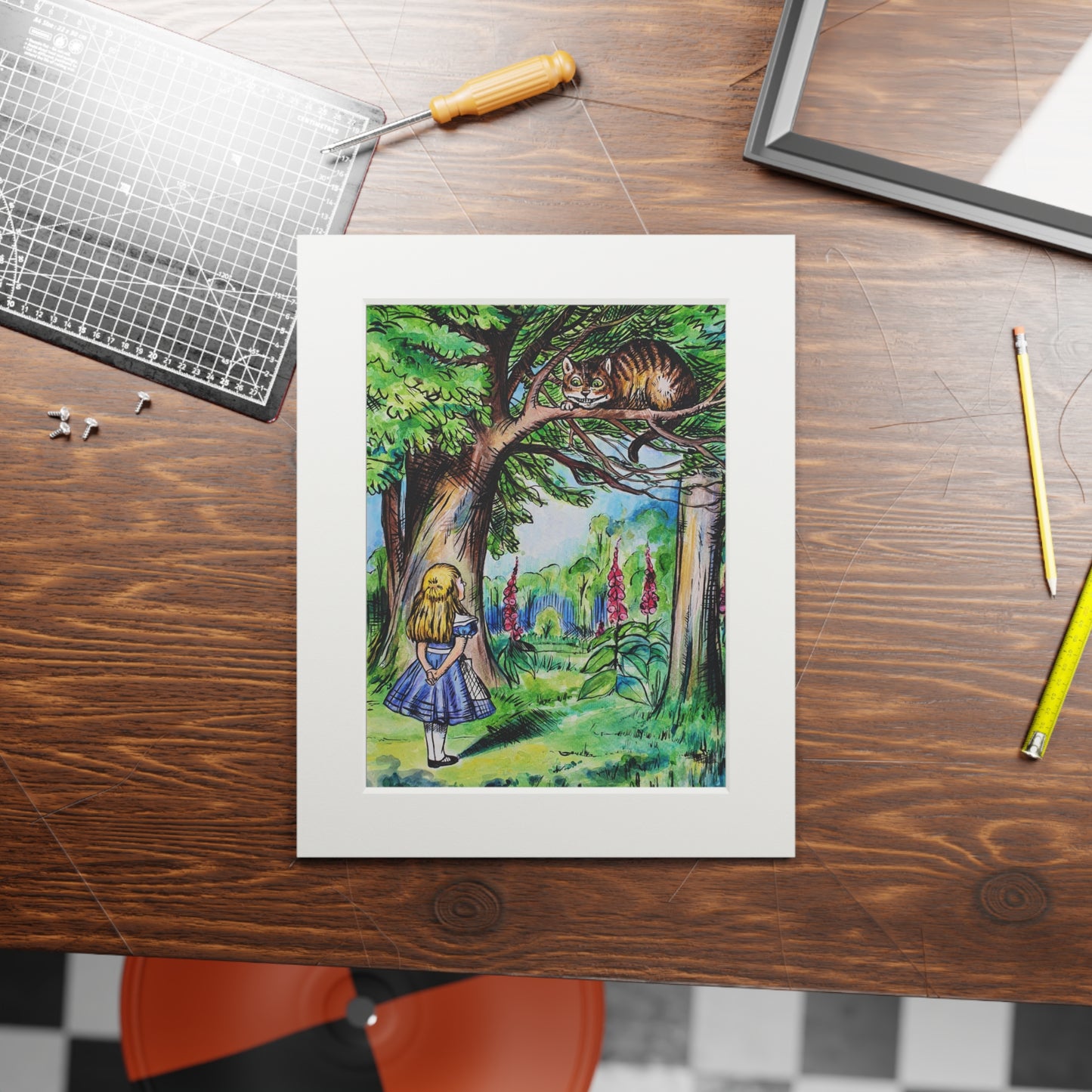 Alice and Cheshire Cat Fine Art Print Passepartout Frame