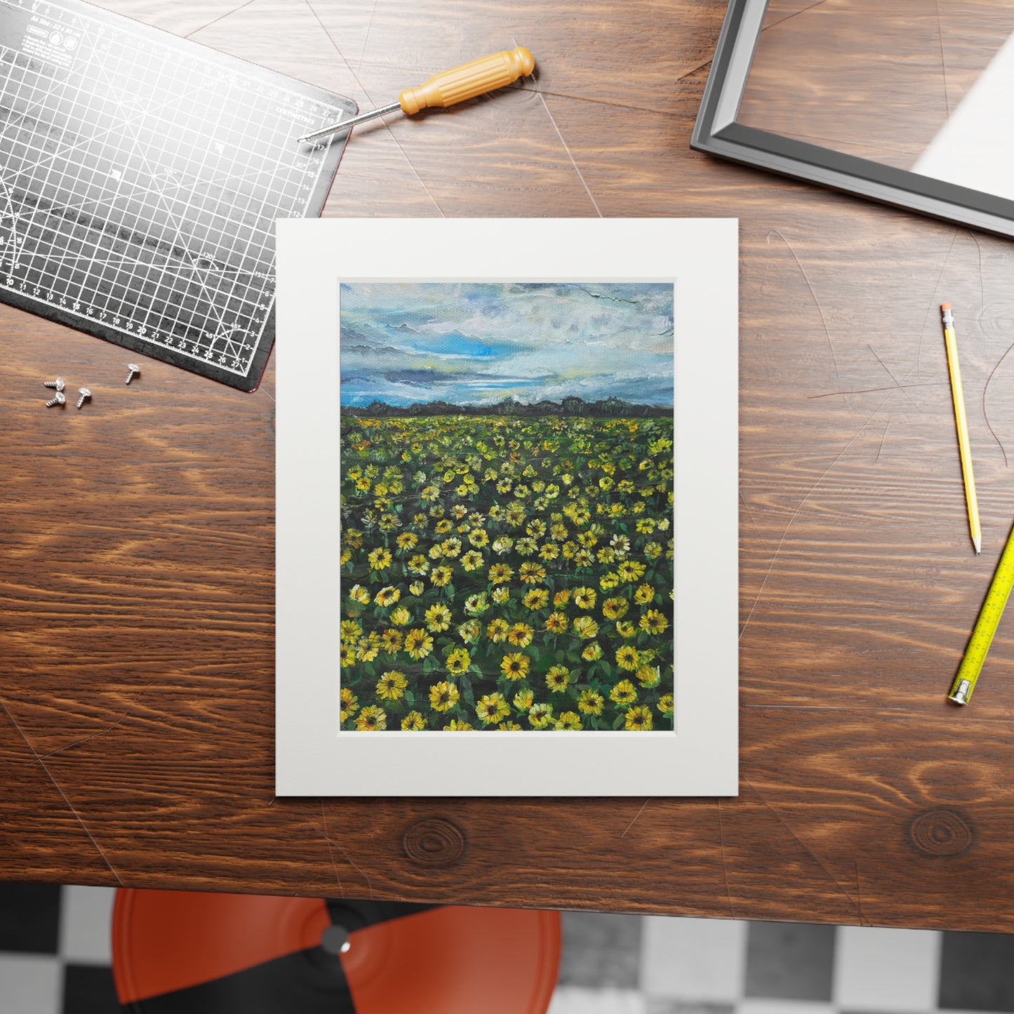 Sunflower Field Painting Fine Art Print | Passepartout Paper Frame