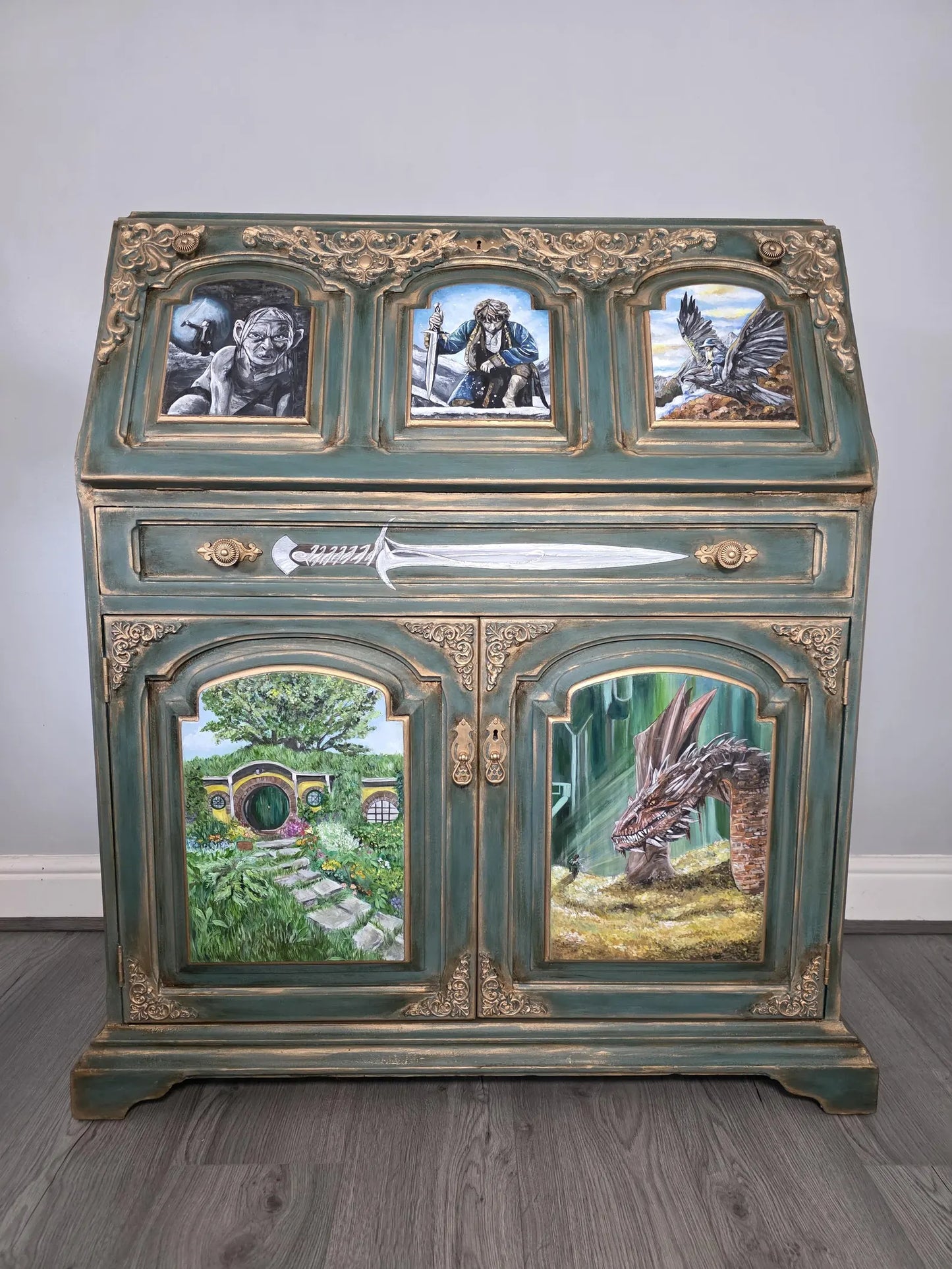 SOLD - Hand‑Painted Lord of the Rings / Hobbit Writing Desk – Carved Fantasy Art Bureau