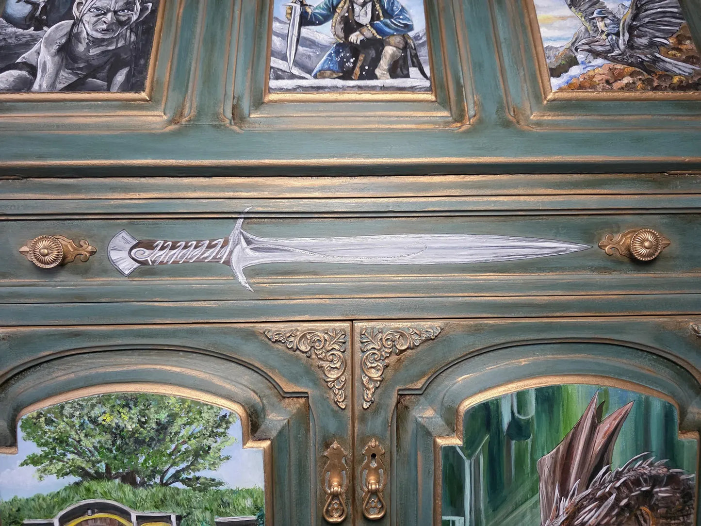 SOLD - Hand‑Painted Lord of the Rings / Hobbit Writing Desk – Carved Fantasy Art Bureau