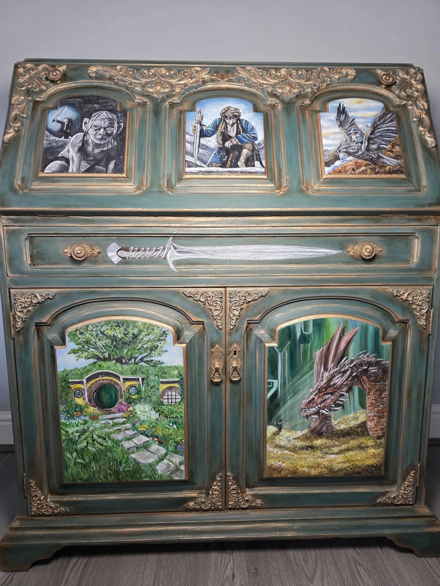 SOLD - Hand‑Painted Lord of the Rings / Hobbit Writing Desk – Carved Fantasy Art Bureau