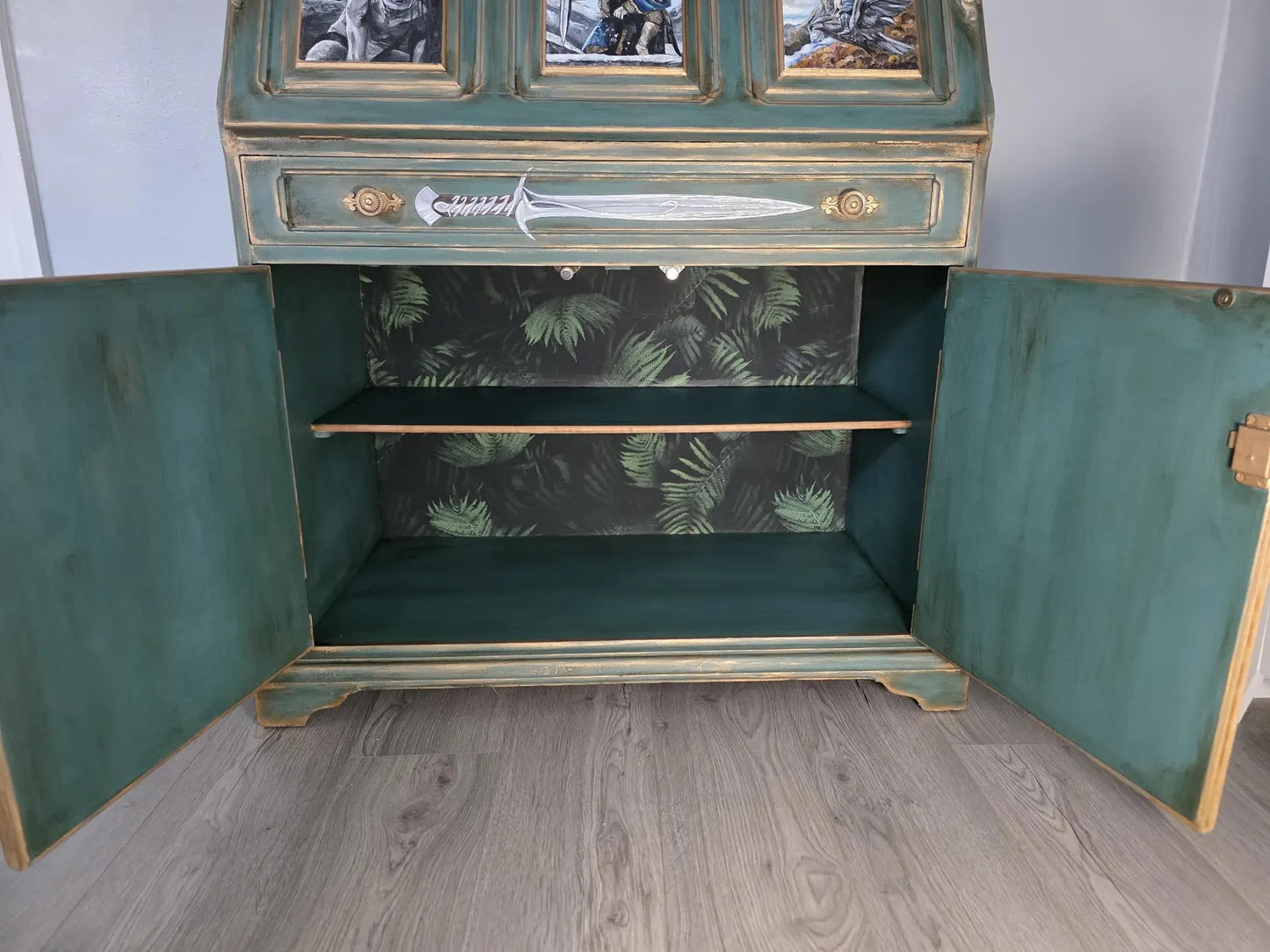 SOLD - Hand‑Painted Lord of the Rings / Hobbit Writing Desk – Carved Fantasy Art Bureau