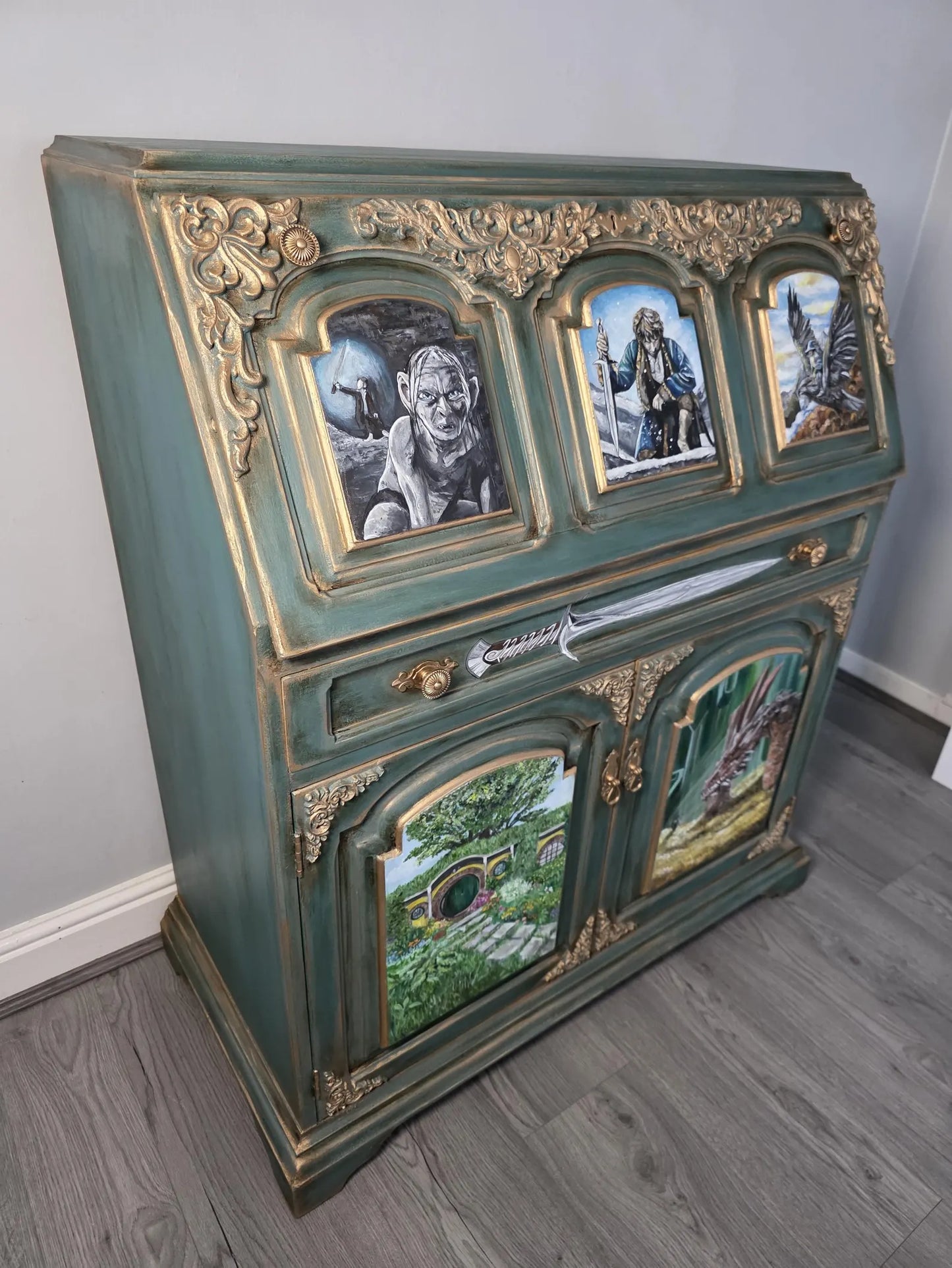 SOLD - Hand‑Painted Lord of the Rings / Hobbit Writing Desk – Carved Fantasy Art Bureau