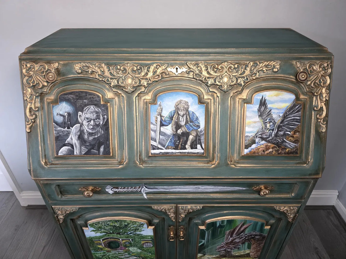 SOLD - Hand‑Painted Lord of the Rings / Hobbit Writing Desk – Carved Fantasy Art Bureau