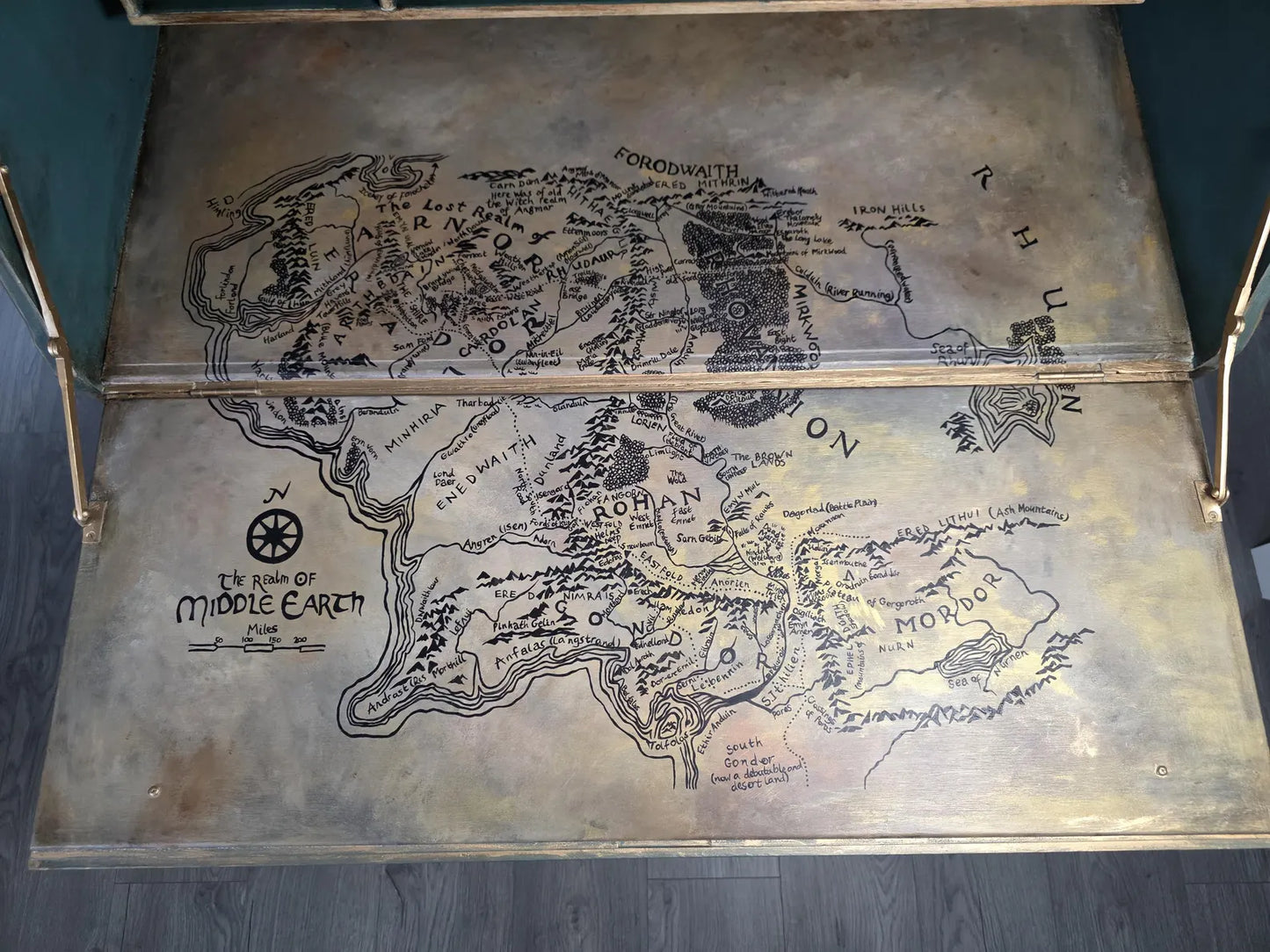 SOLD - Hand‑Painted Lord of the Rings / Hobbit Writing Desk – Carved Fantasy Art Bureau