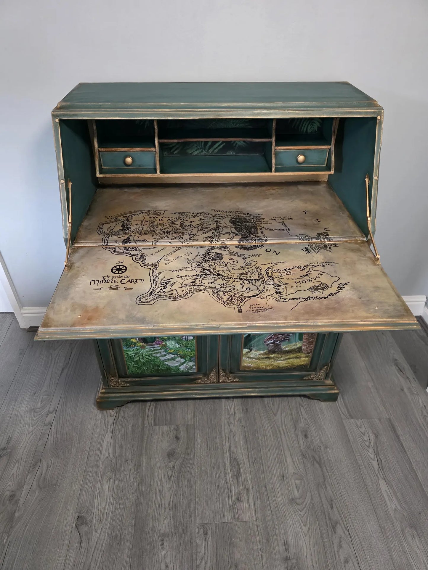 SOLD - Hand‑Painted Lord of the Rings / Hobbit Writing Desk – Carved Fantasy Art Bureau