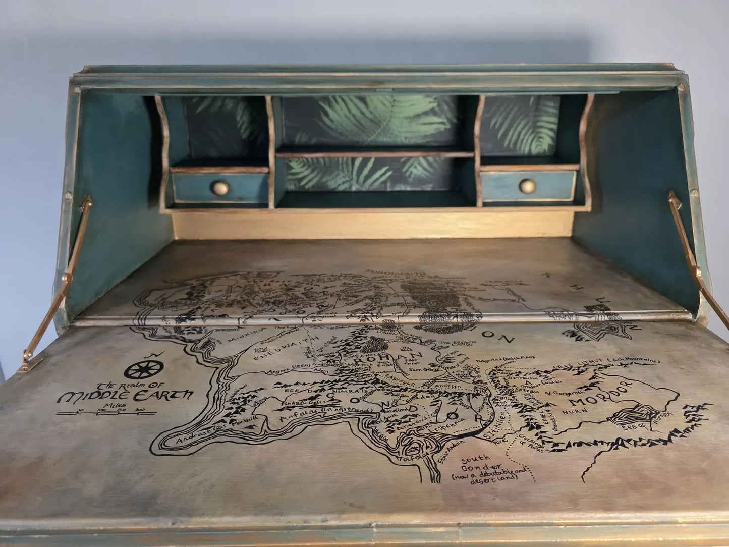 SOLD - Hand‑Painted Lord of the Rings / Hobbit Writing Desk – Carved Fantasy Art Bureau