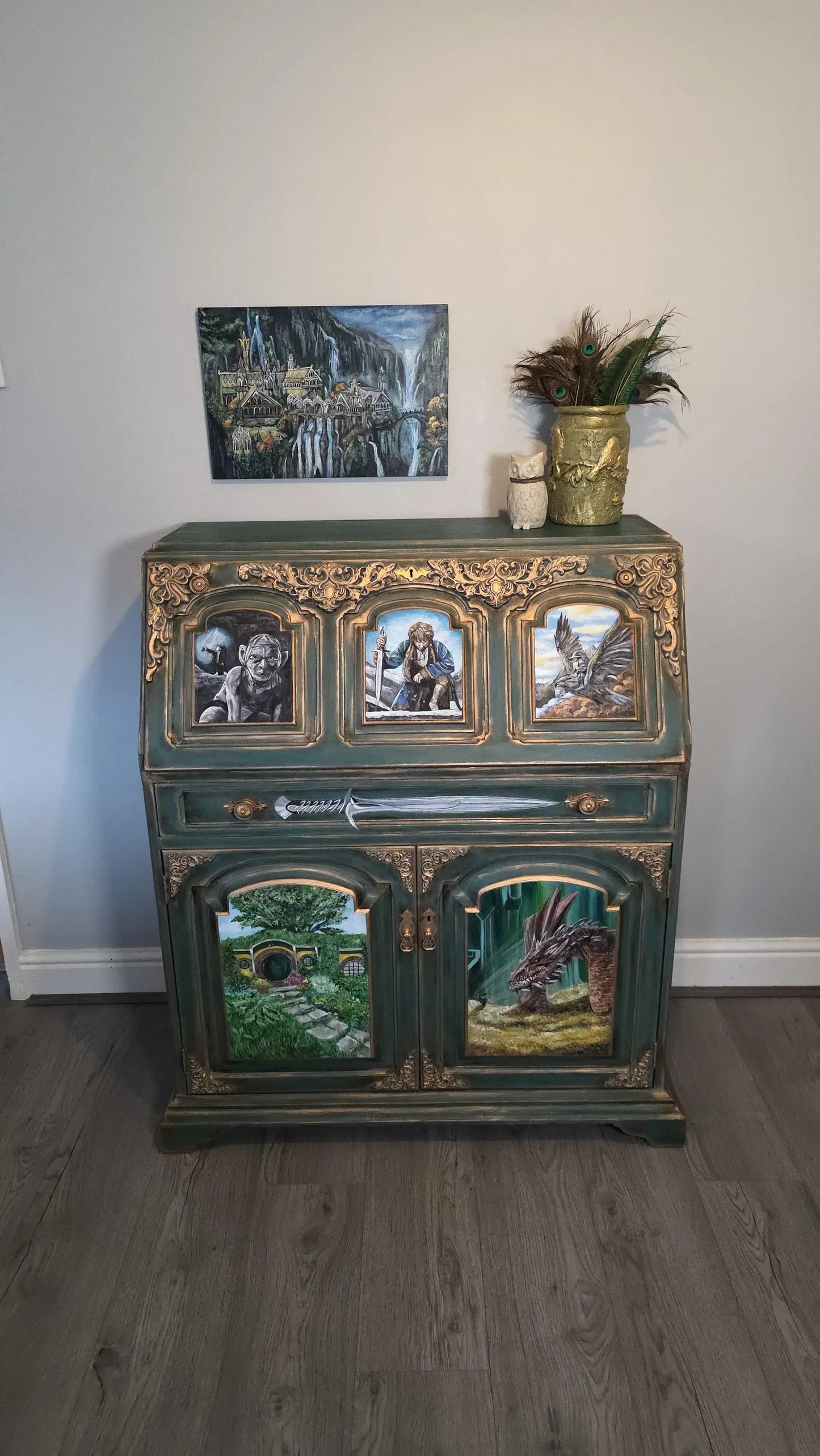 SOLD - Hand‑Painted Lord of the Rings / Hobbit Writing Desk – Carved Fantasy Art Bureau